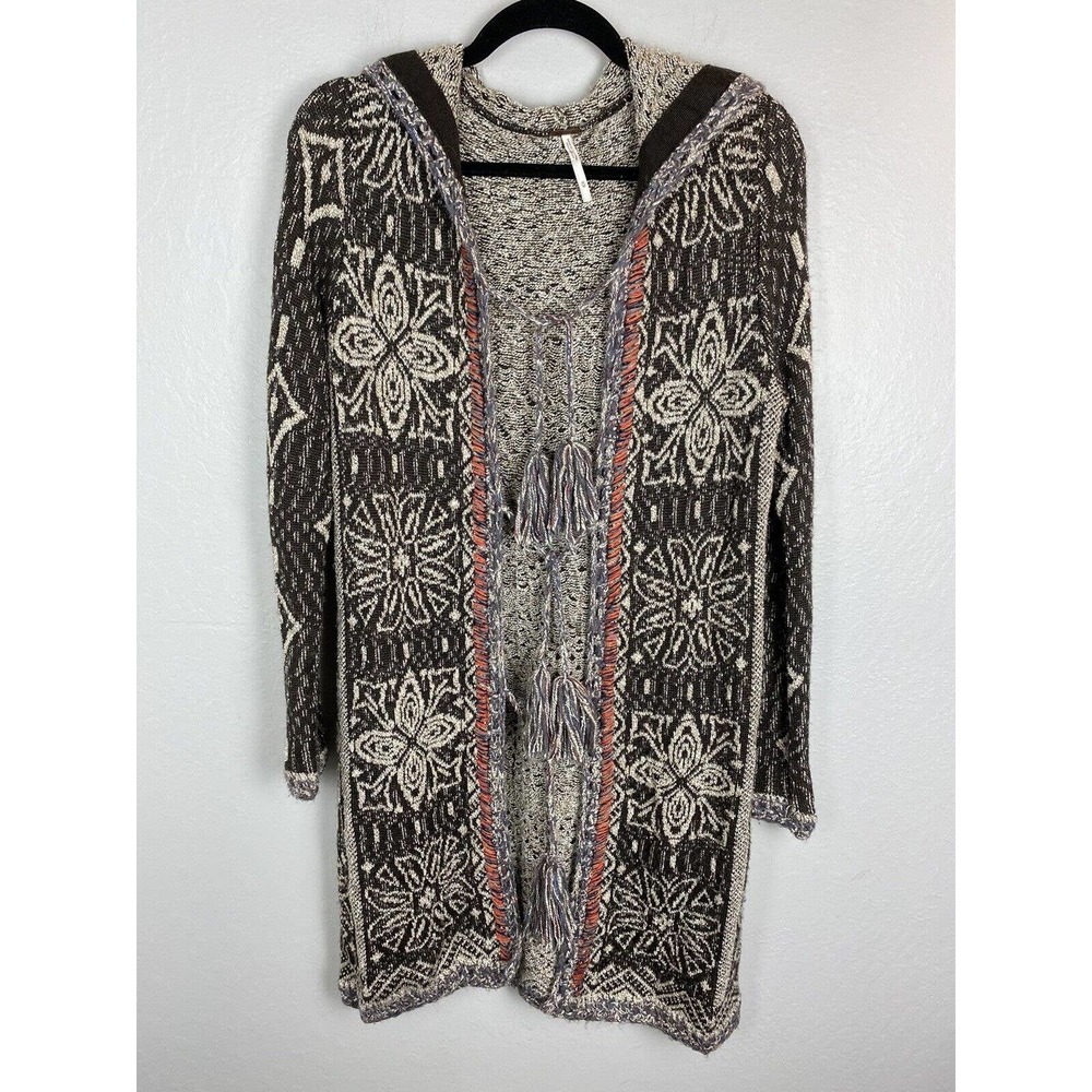 Free People Size MEDIUM Kai Pom Pom Tassel Long Cardigan Boho Southwestern Aztec